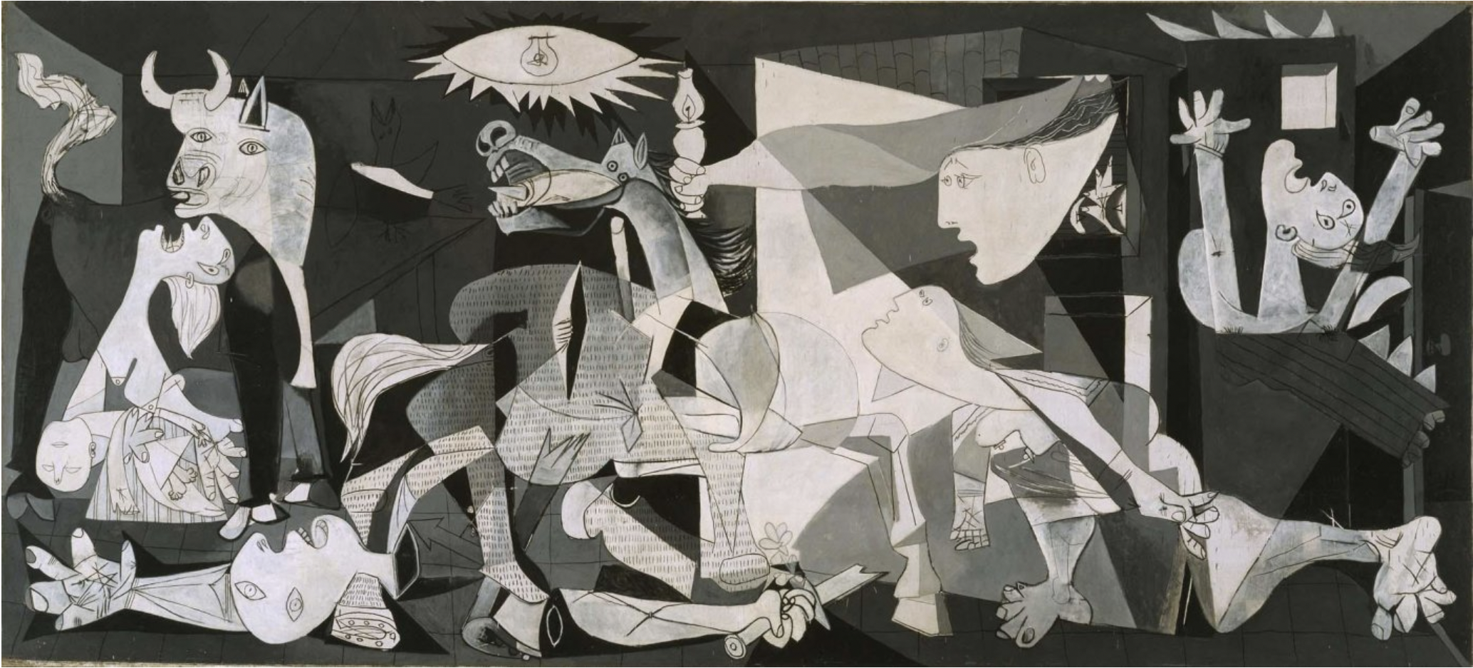 Guernica by Pablo Picasso, a black-and-white mural showing chaotic, distorted figures, screaming people, a horse, and a bull amid scenes of war, violence, and suffering.